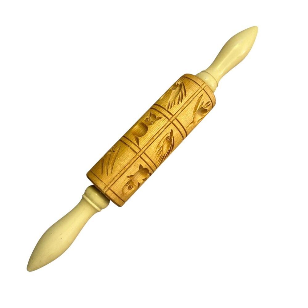 Birds Vintage Embossed Wood Rolling Pin Dough Roller‎ Cookies 14" Engraved owl
